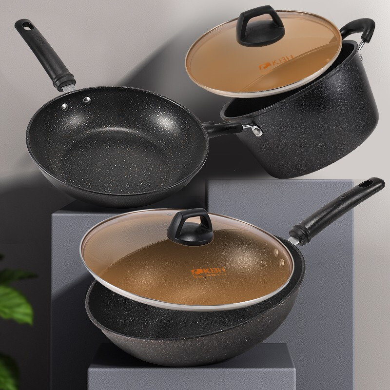 粘炒锅炒菜锅电磁炉通用麦饭石色锅具三件套 kgl 3a【图片 价格 品牌