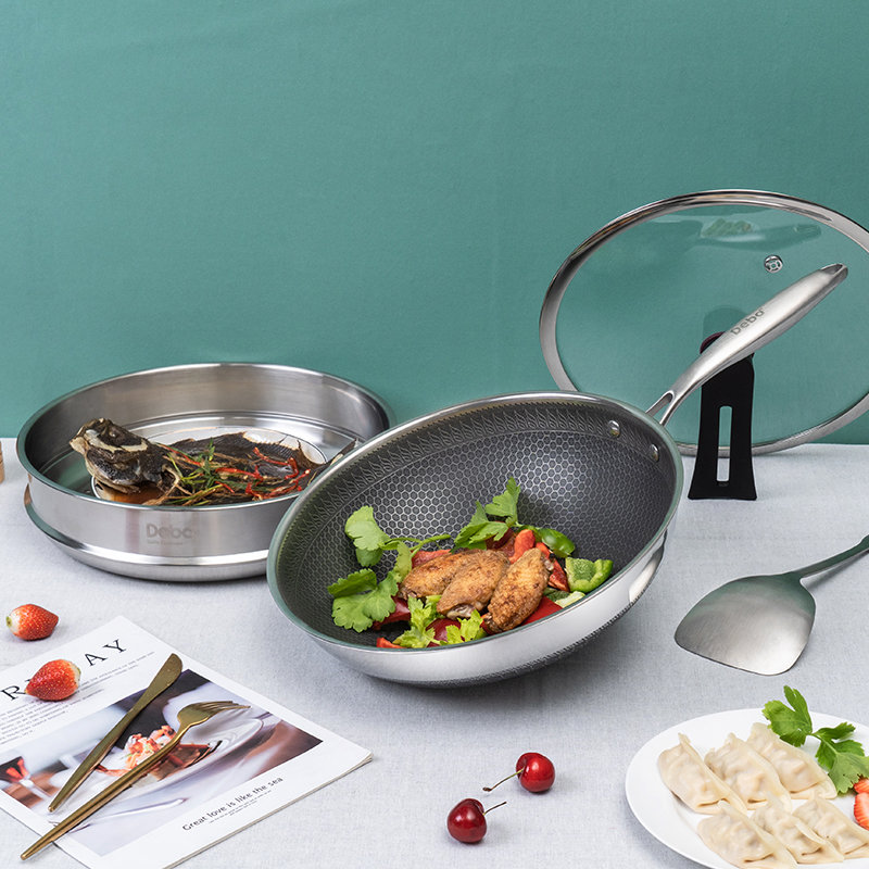 debo德铂蜂窝不粘炒锅316不锈钢电磁炉煤气灶通用32cm